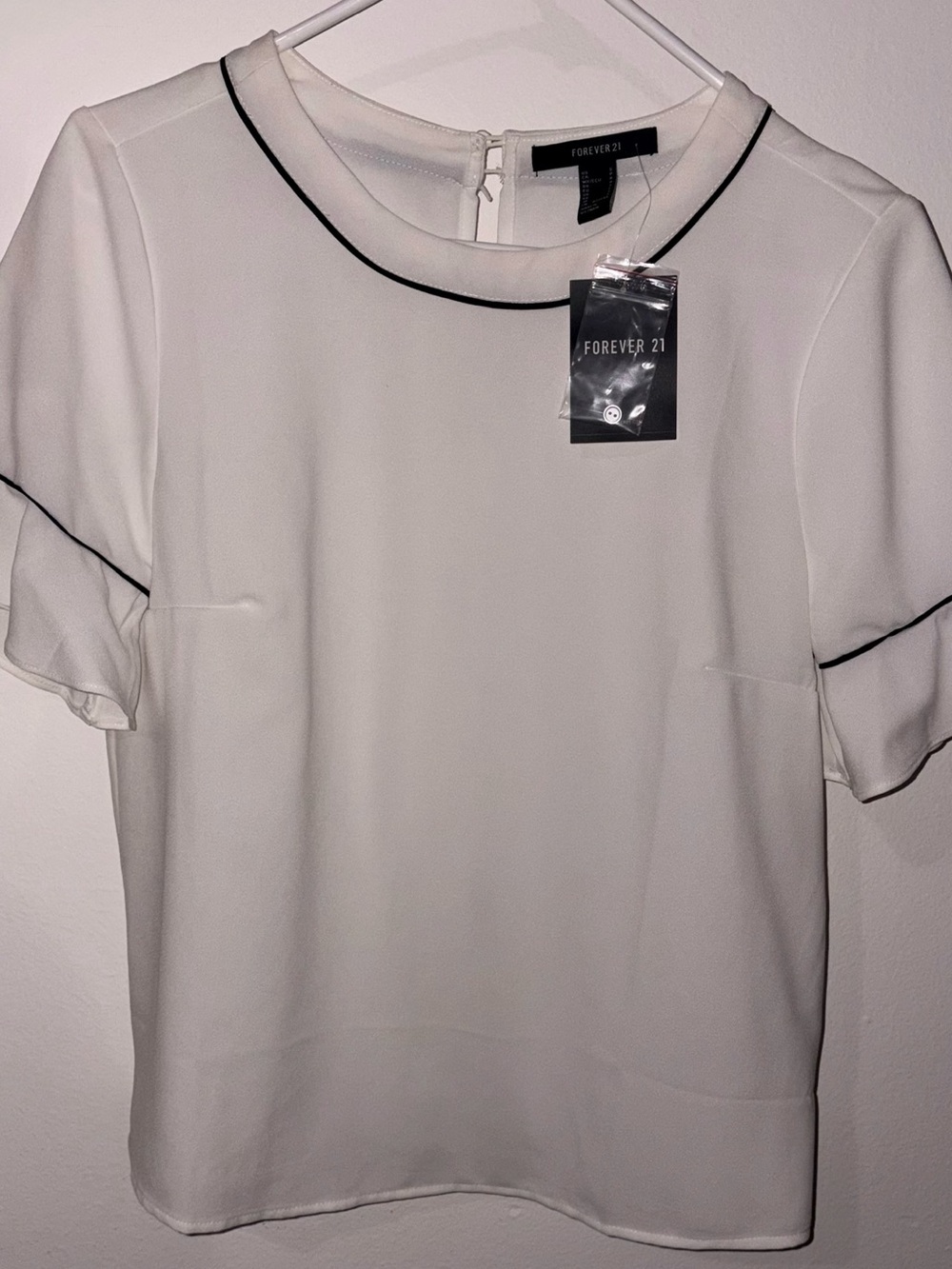 Forever 21 White Short-Sleeve Blouse with Black Trim - Size S - NEW